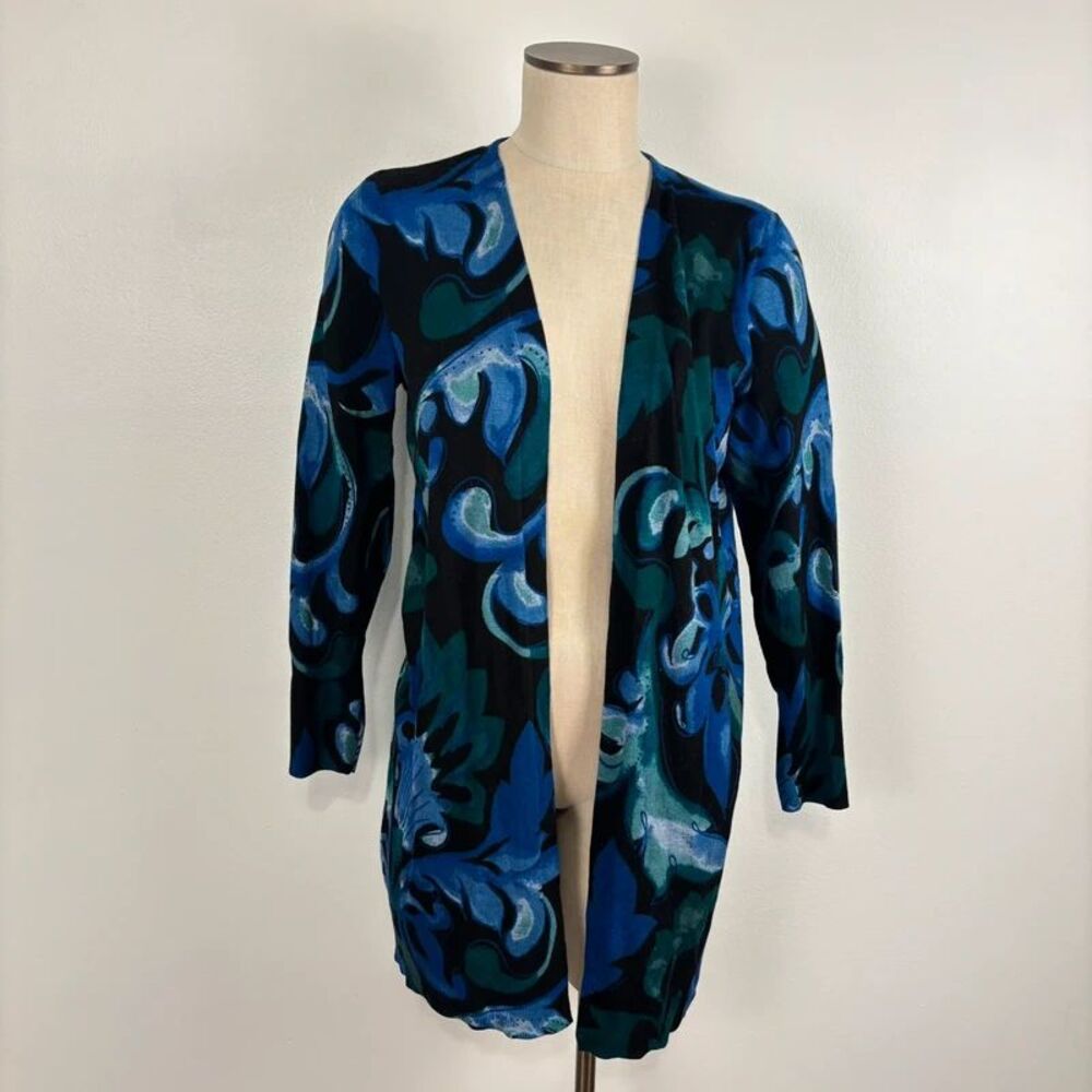 Chico's Open Front Duster Cardigan 1 Medium Blue Floral Soft Knit Long Sweater